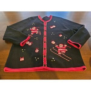 Mercer Street Studio Womens‎ Christmas Cardigan Black Red Sweater Santa SZ XL
